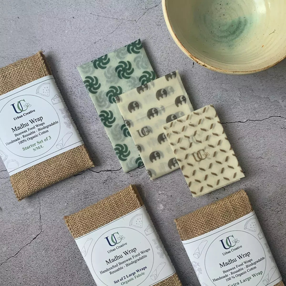 Starter Set of 3 Assorted Madhu Wrap Reusable Beeswax Food Wraps ( S,M & L)