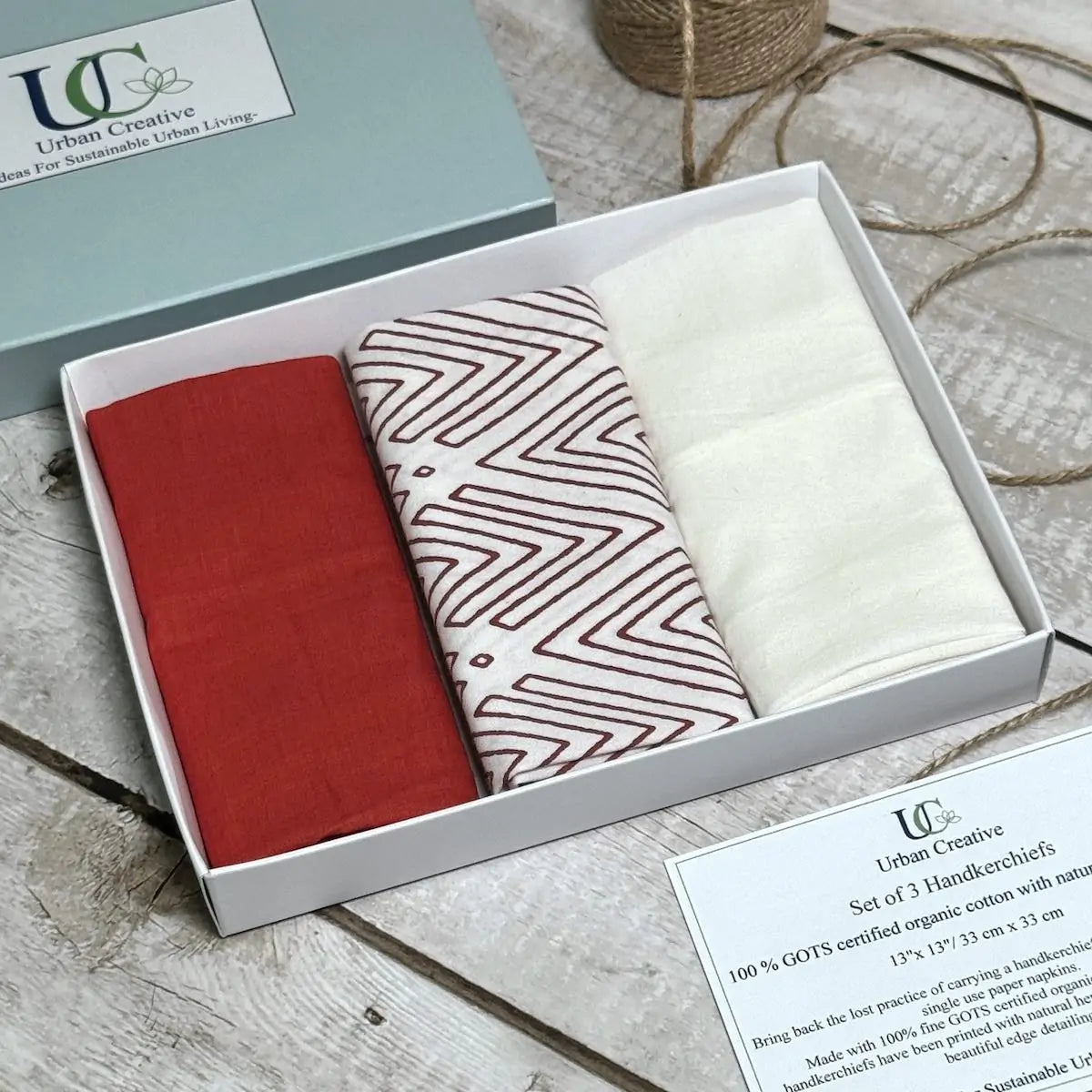 Set of 3 madder red and white print organic cotton handkerchiefs