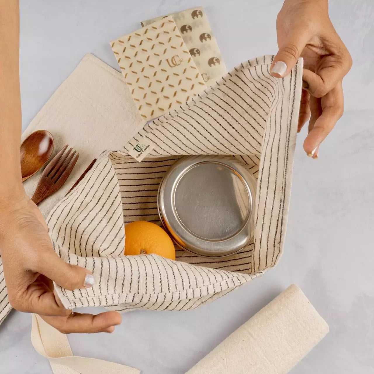 Set of 3 Assorted Organic ‘Kala’ Cotton Bento Bags ( Assorted sizes and patterns)