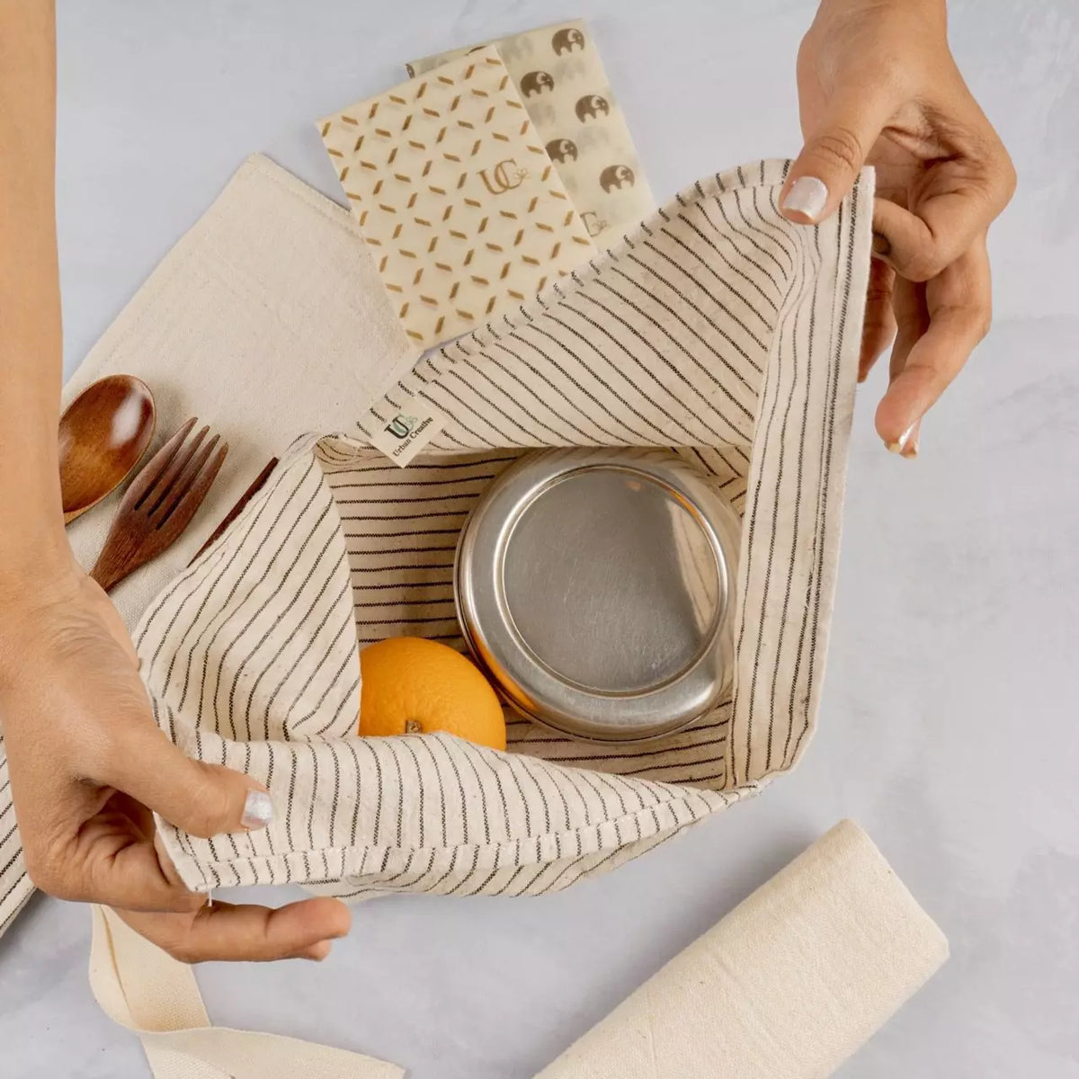 Set of 3 Assorted Organic ‘Kala’ Cotton Bento Bags ( Assorted sizes and patterns)
