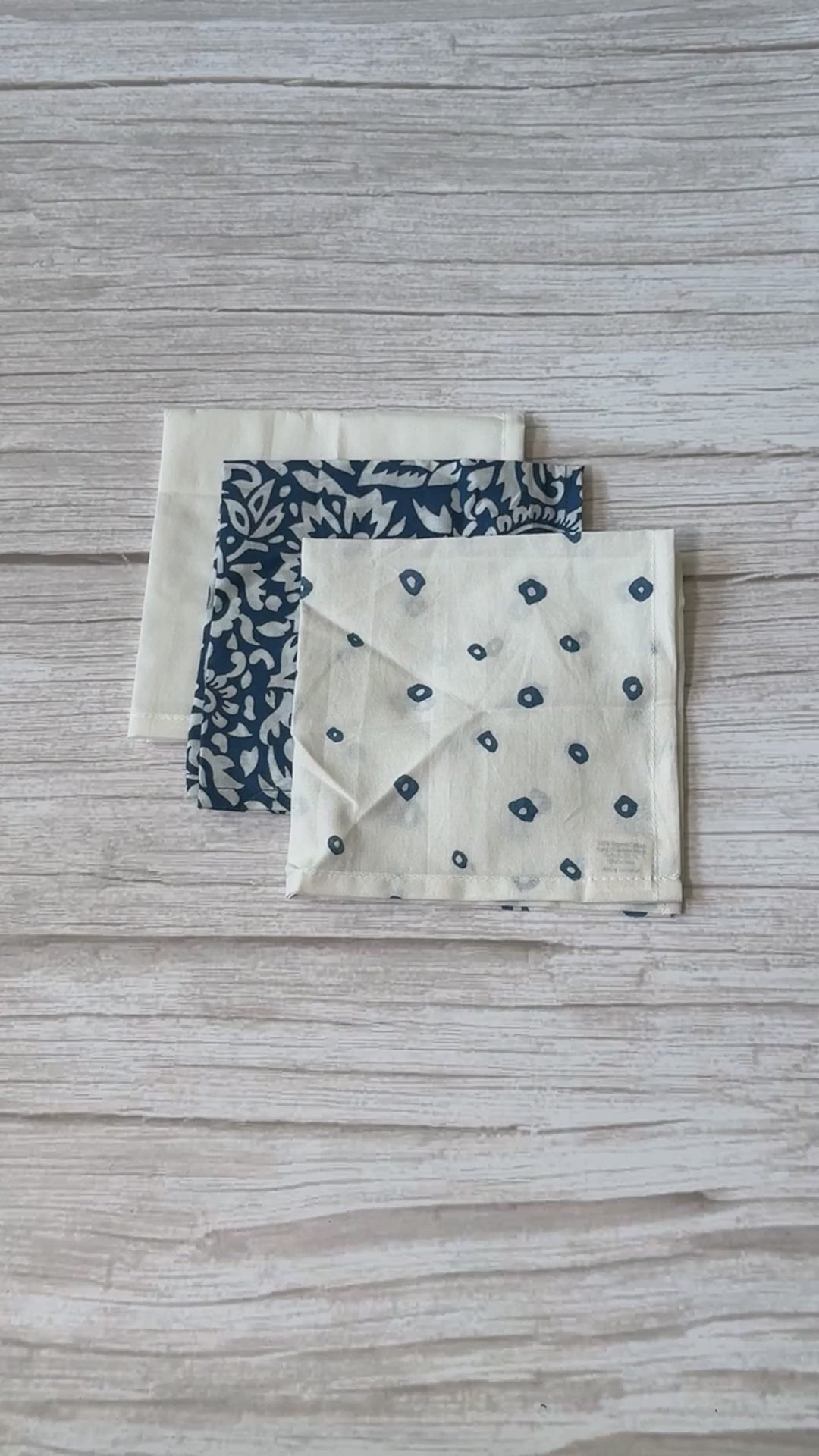 Set of 3 Indigo and White Print Organic Cotton Handkerchiefs