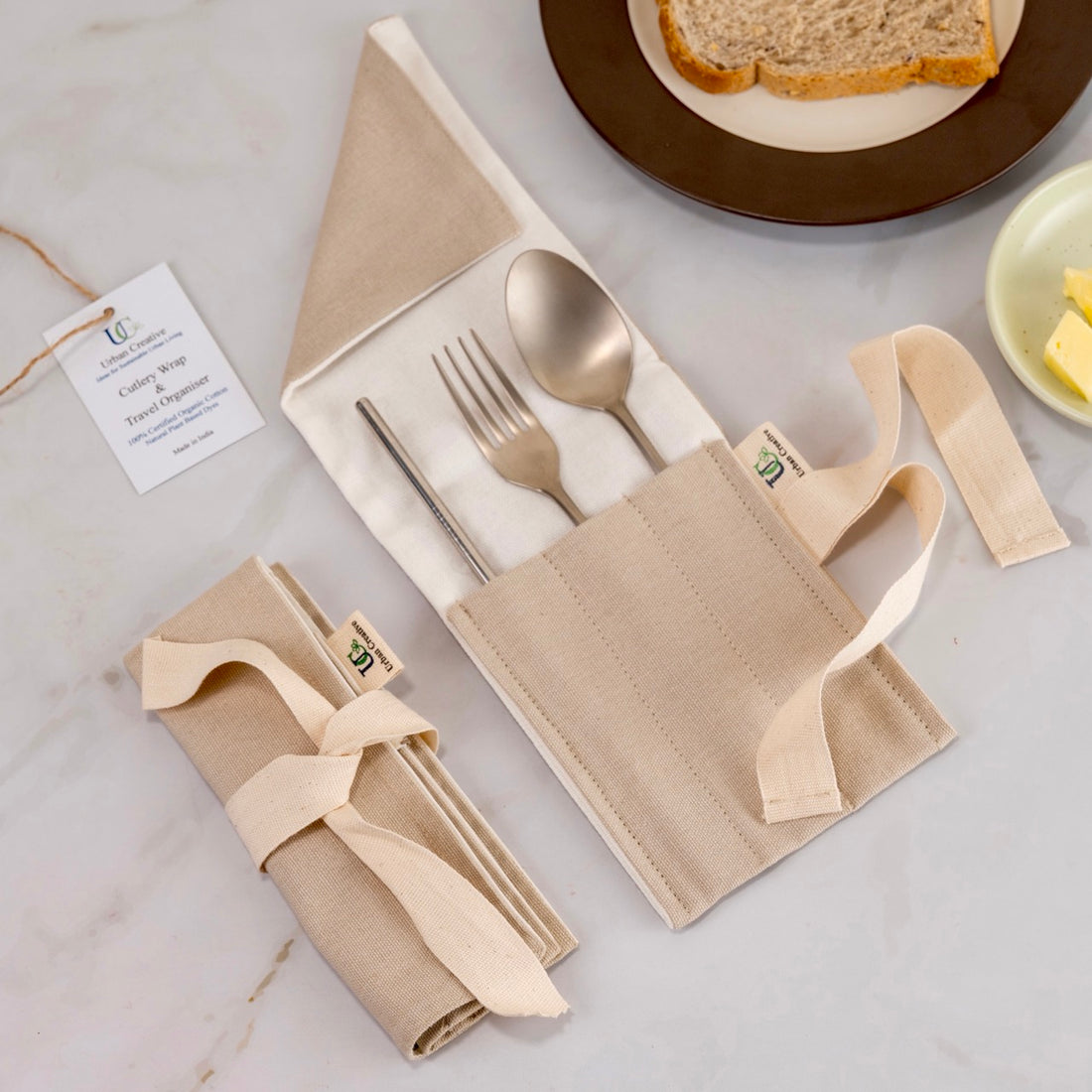 Travel Cutlery Wrap /Organizer Roll Up in organic cotton in solid pastel colours