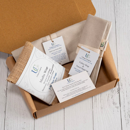 Zero Waste Snack Bag Kit in Organic Cotton (1 Roll Top Snack Bag + 1 Cutlery Wrap + 2 Medium Beeswax Food Wraps)
