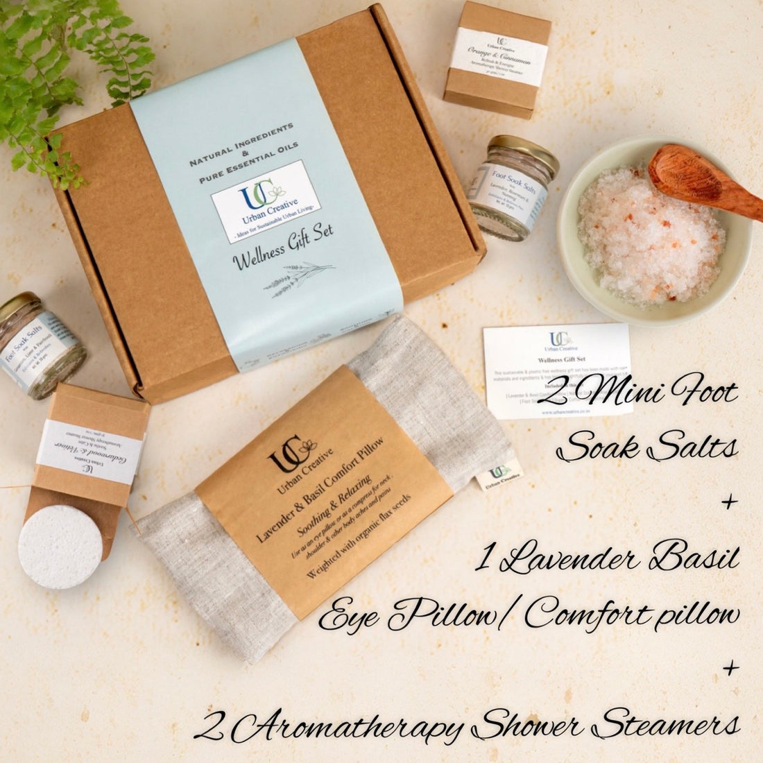 Wellness Gift Set ( 1 Lavender Basil Eye Pillow &amp; Hot Cold Compress + 2 Foot Soak Salts + 2 Shower Steamers)