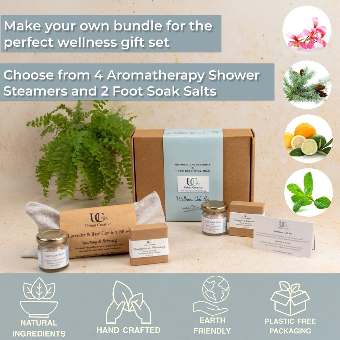 Wellness Gift Set ( 1 Lavender Basil Eye Pillow &amp; Hot Cold Compress + 2 Foot Soak Salts + 2 Shower Steamers)