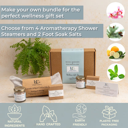 Wellness Gift Set ( 1 Lavender Basil Eye Pillow/ Hot Cold Compress + 2 Foot Soak Salts + 2 Shower Steamers)