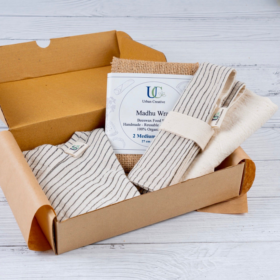 Zero Waste Bento Bag Kit in Organic  Cotton ( 1 Medium Bento Bag + 1 Cutlery Wrap + 2 Medium Beeswax Wraps + 1 Napkin )