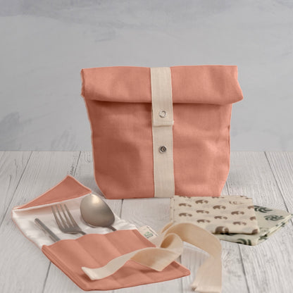 Zero Waste Snack Bag Kit in Organic Cotton (1 Roll Top Snack Bag + 1 Cutlery Wrap + 2 Medium Beeswax Food Wraps)