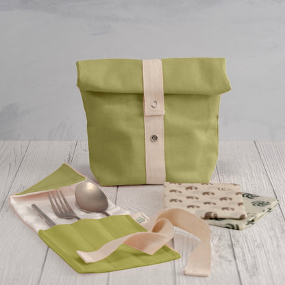 Zero Waste Snack Bag Kit in Organic Cotton (1 Roll Top Snack Bag + 1 Cutlery Wrap + 2 Medium Beeswax Food Wraps)
