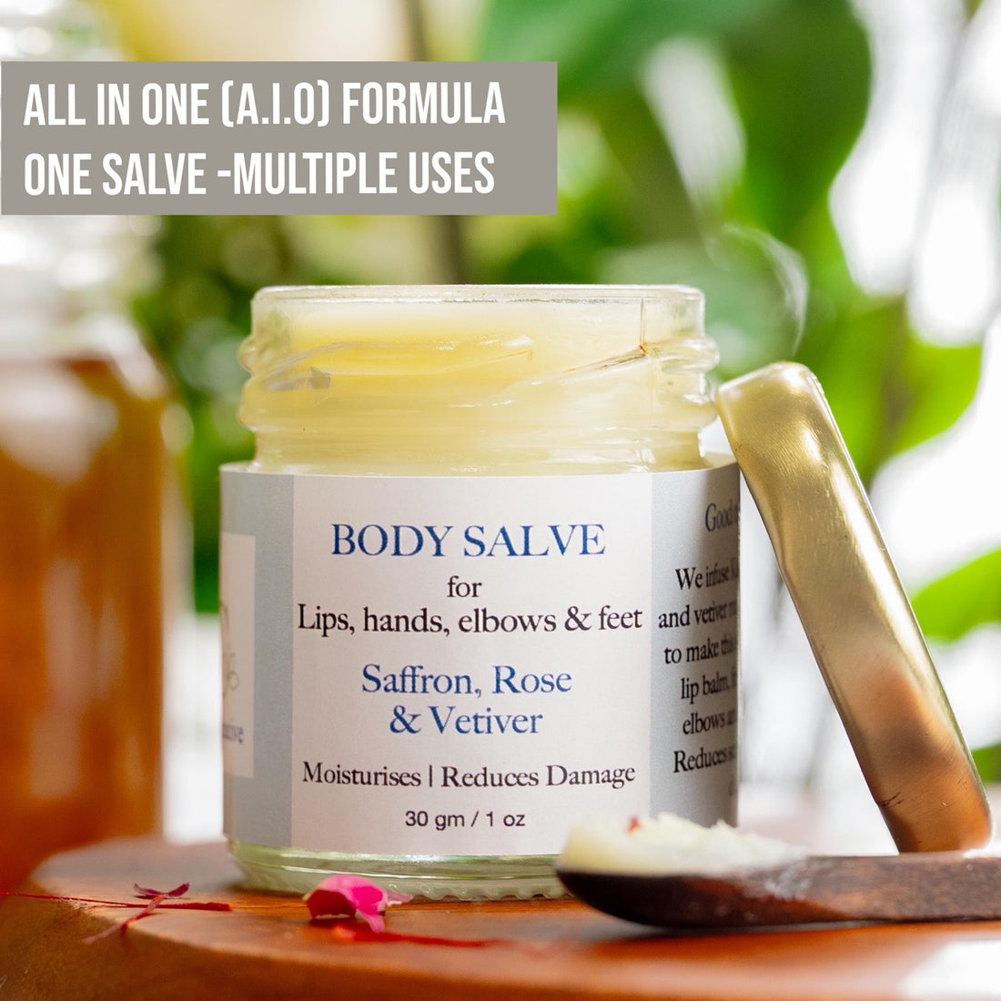 Saffron, Rose &amp; Vetiver All In One (A.I.O) Body Salve &amp;  Lip Balm - Reduces Scarring &amp; Pigmentation