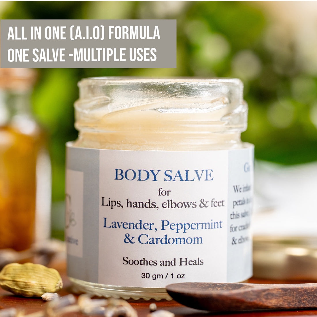 Lavender, Peppermint &amp;  Cardamom All In One (A.I.O) Body Salve &amp; Lip Balm with Calendula - Soothes &amp; Heals