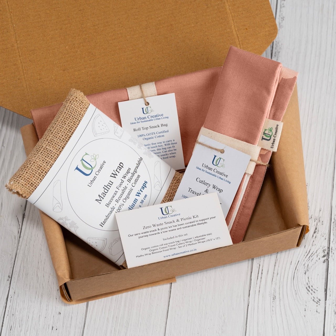 Zero Waste Snack Bag Kit in Organic Cotton (1 Roll Top Snack Bag + 1 Cutlery Wrap + 2 Medium Beeswax Food Wraps)