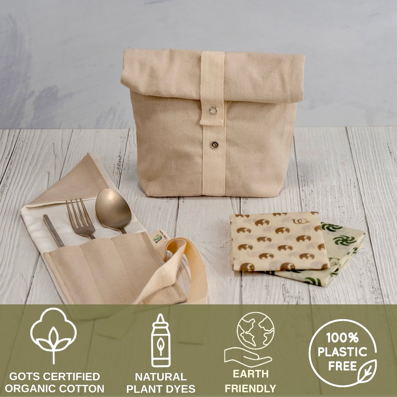 Zero Waste Snack Bag Kit in Organic Cotton (1 Roll Top Snack Bag + 1 Cutlery Wrap + 2 Medium Beeswax Food Wraps)