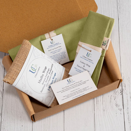 Zero Waste Snack Bag Kit in Organic Cotton (1 Roll Top Snack Bag + 1 Cutlery Wrap + 2 Medium Beeswax Food Wraps)