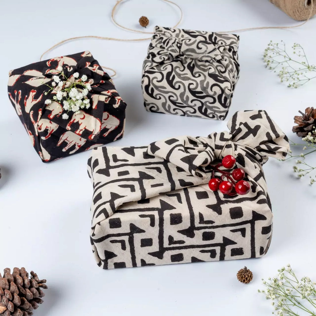 Black & White Print Dāman Furoshiki  Fabric Gift Wrap- Singles and Sets