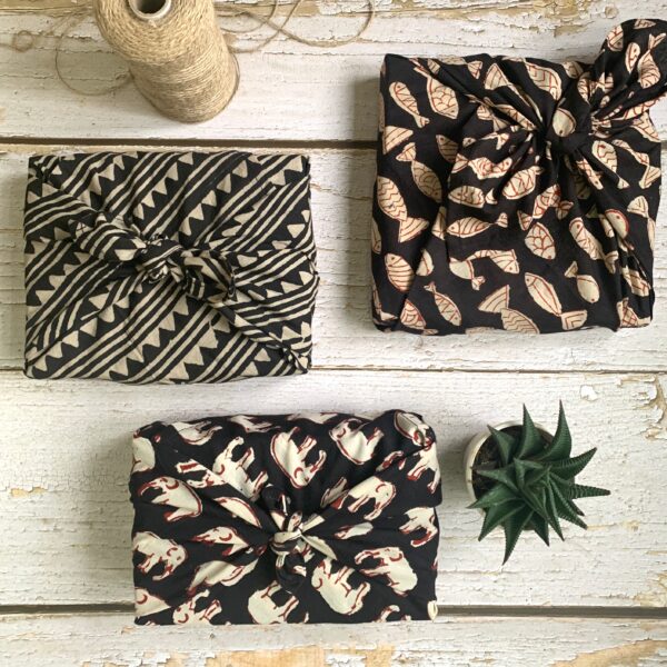 Furoshiki in Black and White hand block prints in natural dyes